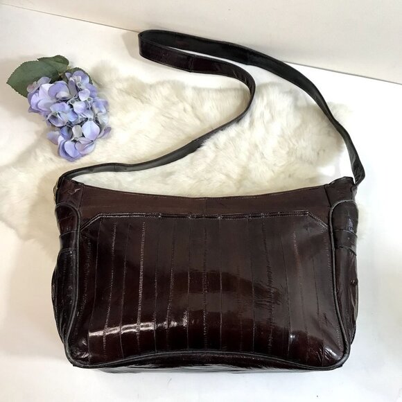 Vintage Eel Skin Leather Shoulder Bag Mauve Like New Medium Size